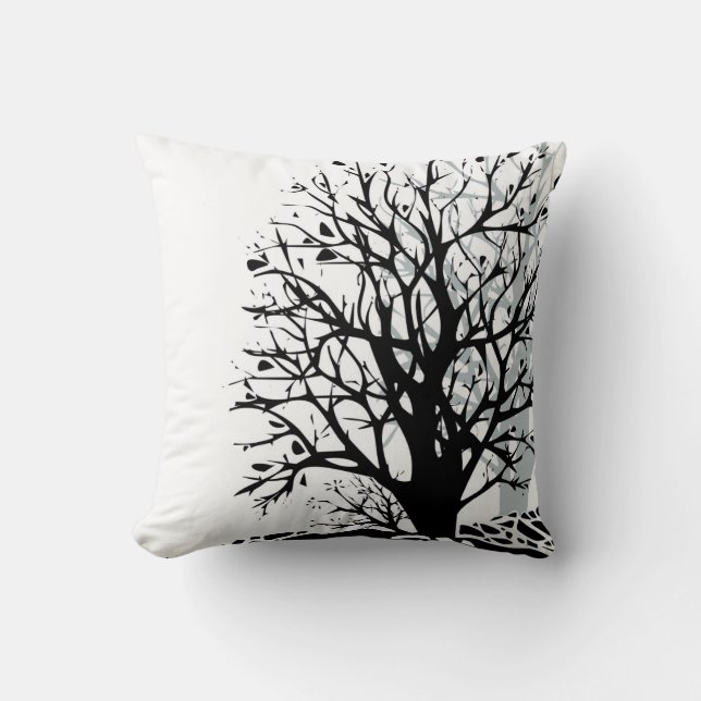 Coussin Abstrait moderne arbre noir silhouette ombre blanc (Recto)