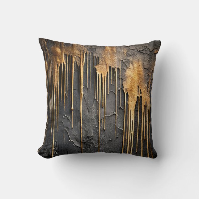 Coussin Abstrait Moderne Noir et Coulures d'Or Métallisé (Recto)