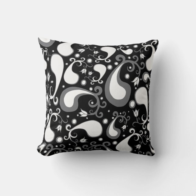 Coussin Abstrait noir et blanc Tulip Paisley Floral (Recto)