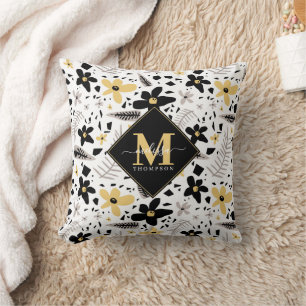 Coussin Abstrait noir gris jaune floral Monogramme
