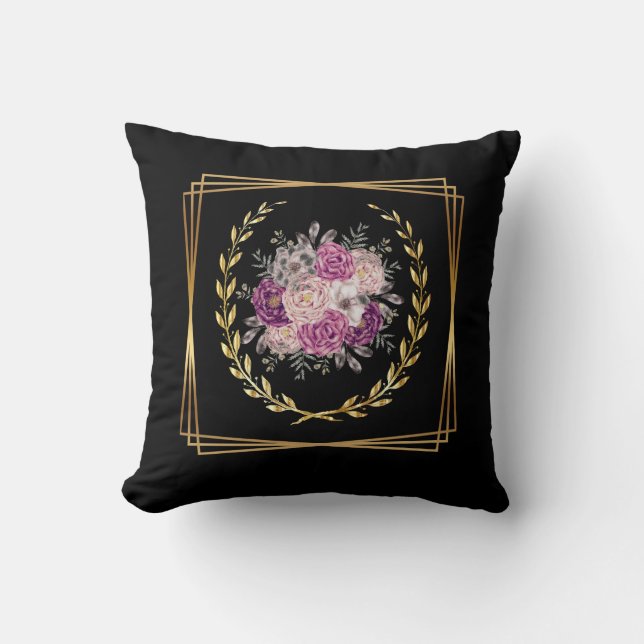 Coussin Abstrait Or Noir Fleur Florale Violet Bohème Tenda (Recto)