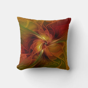Coussin Abstrait Rouge Orange Brown Vert Fractal Art Flowe