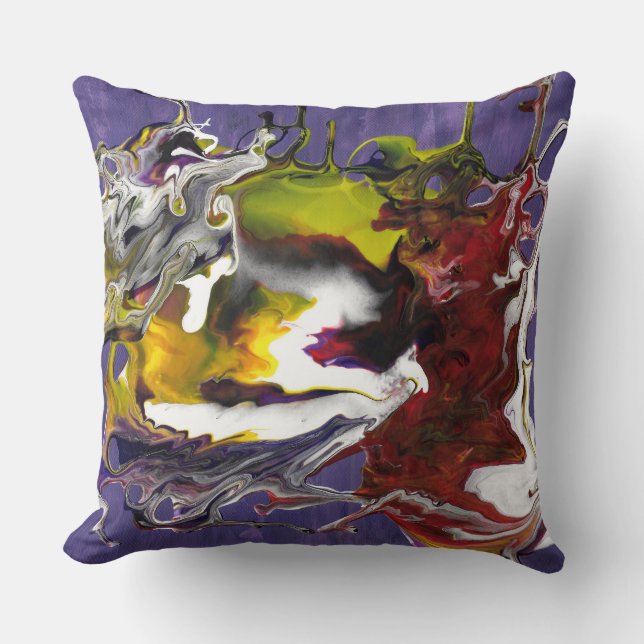Coussin Abstrait Violet avec Tourbillons de Fluides Rouges (Recto)