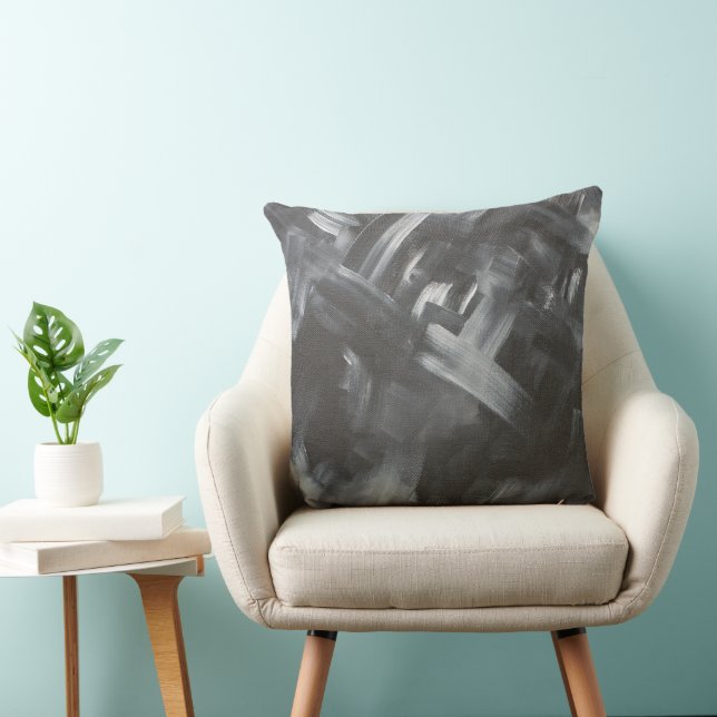 Coussin Abstraits Monochromes Traits de Pinceau Noir et Bl (Chaise)