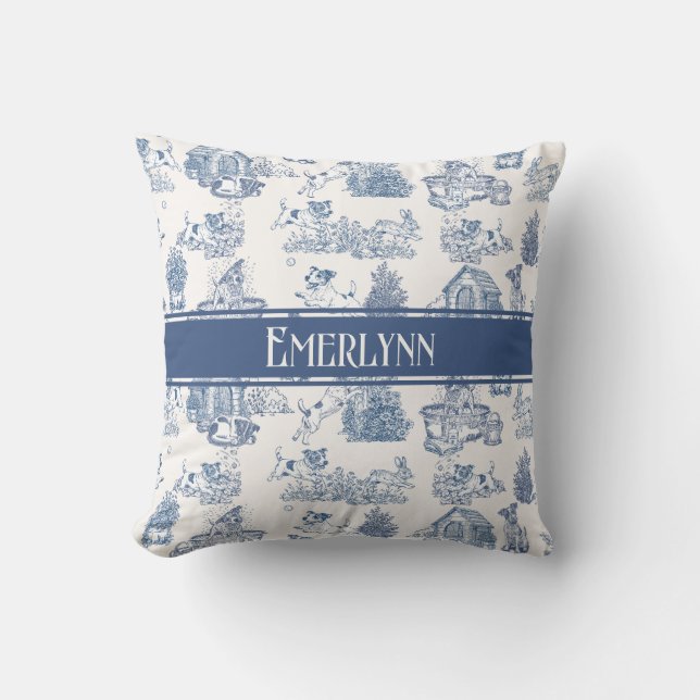 Coussin Accent de monogramme de chien en toile de Jouy fra (Recto)