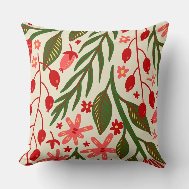 Coussin Accent Fleur de Folk Art & Baie Cramoisi (Recto)