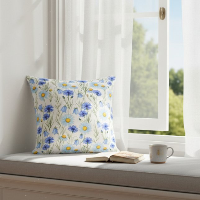 Coussin Accent floral botanique bleu clochette marguerite  (Créateur téléchargé)