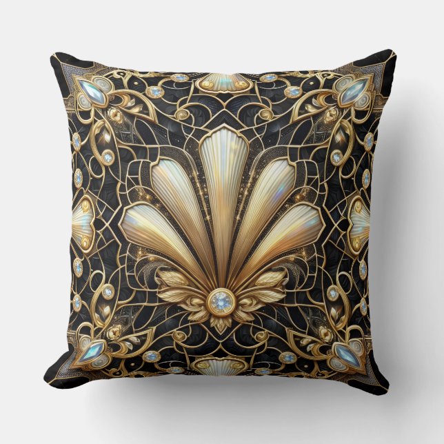 Coussin Accents Rétro pour Maison | Art Déco Noir et Or (Recto)