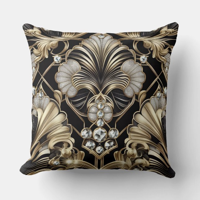 Coussin Accents Rétro pour Maison | Art Déco Noir et Or (Recto)