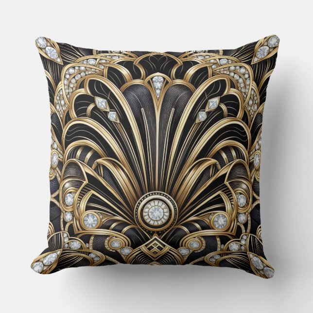 Coussin Accents Rétro pour Maison | Art Déco Noir et Or (Recto)