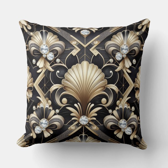Coussin Accents Rétro pour Maison | Art Déco Noir et Or (Recto)