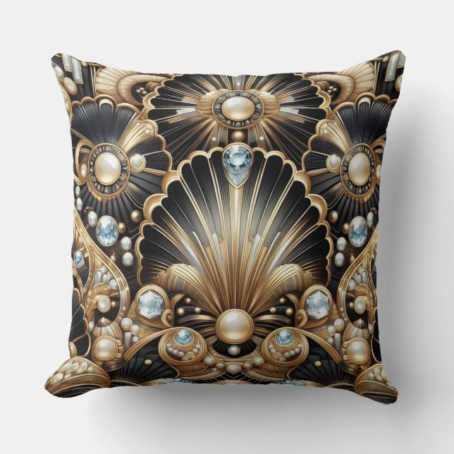 Coussin Accents Rétro pour Maison | Art Déco Noir et Or (Recto)