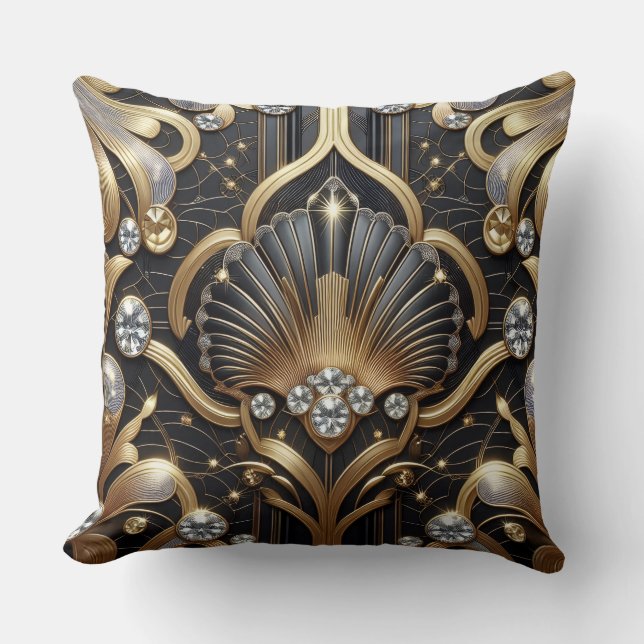 Coussin Accents Rétro pour Maison | Art Déco Noir et Or (Recto)