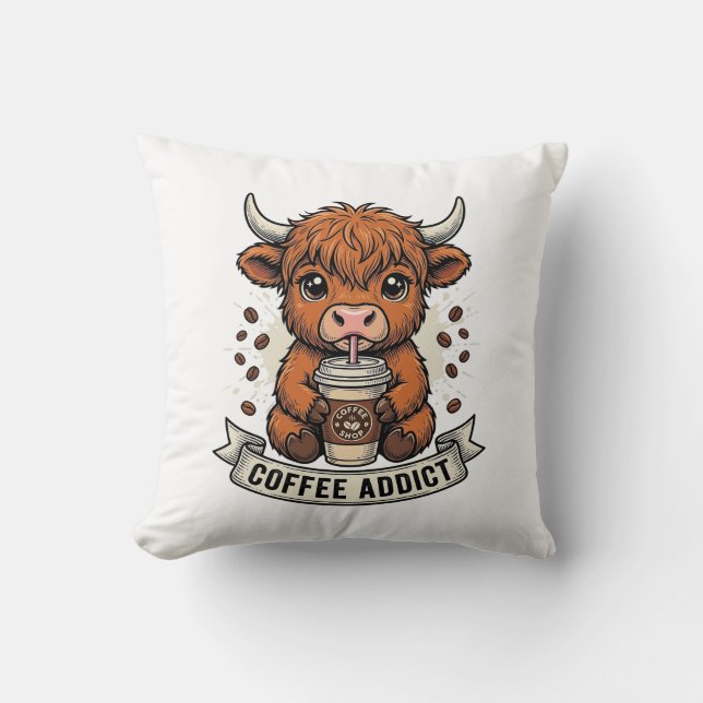 Coussin Accro au café Vache des Highlands Mignonne Gravure (Recto)