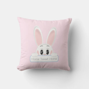 Coussin Accueil Douce Maison Lapin Blanc sur Rose Clair