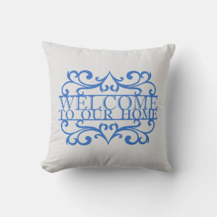 Coussin Accueil élégant à notre maison Citation Bleu Gris