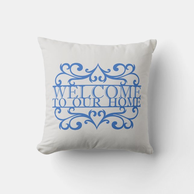Coussin Accueil élégant à notre maison Citation Bleu Gris  (Recto)