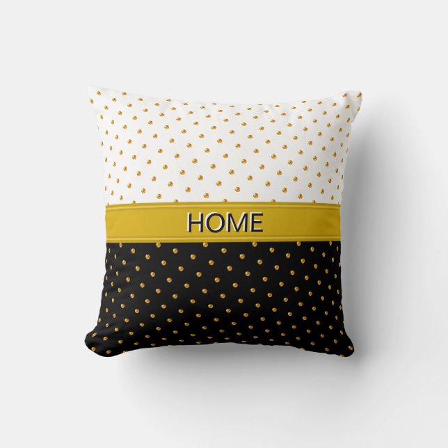 Coussin Accueil et pois dorés sur fond noir et blanc (Recto)