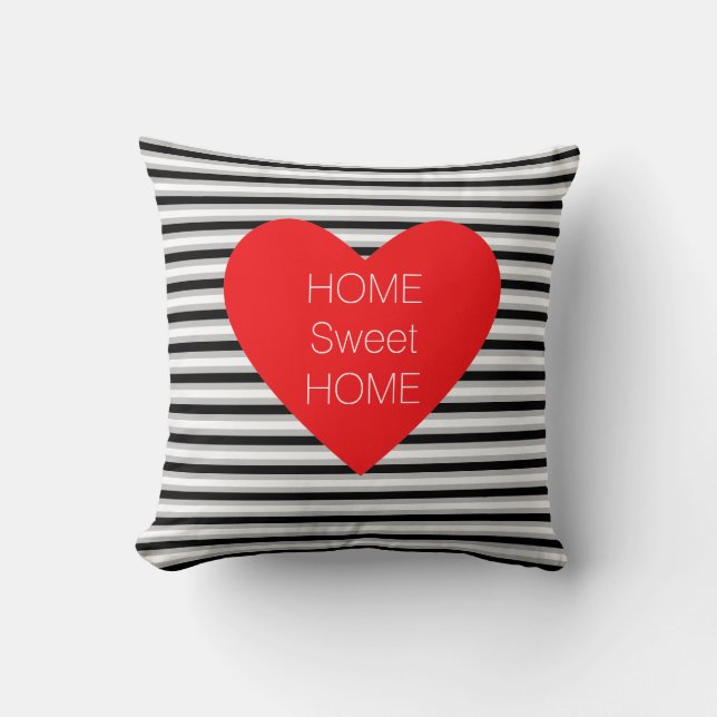 Coussin Accueil Sweet Home Coeur sur Noir Blanc rayé (Recto)