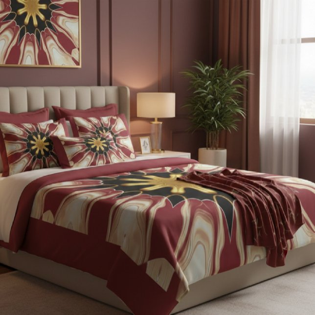 Coussin Achempong: Starburst | Crème doré cramoisi profond (The final touch of tranquility: A lavish bed dressed with an Achempong custom duvet cover, layered)