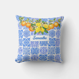 Coussin Acitrus bleu sicilien jaune azulejo méditerranéen