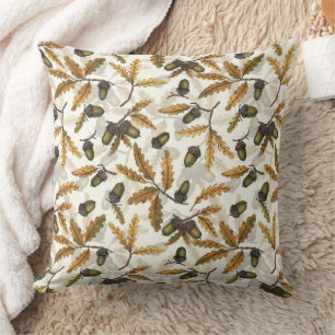 Coussin Acornes et feuilles de chêne sur blanc