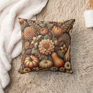 Coussin Action de grâce Automne Vintage Floral Citrouille