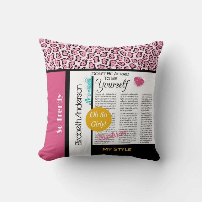 Coussin Actualité de mode tendance rose léopard et nom (Recto)