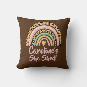 Coussin Add Name She Shed Leopard Print Pink Rainbow Heart