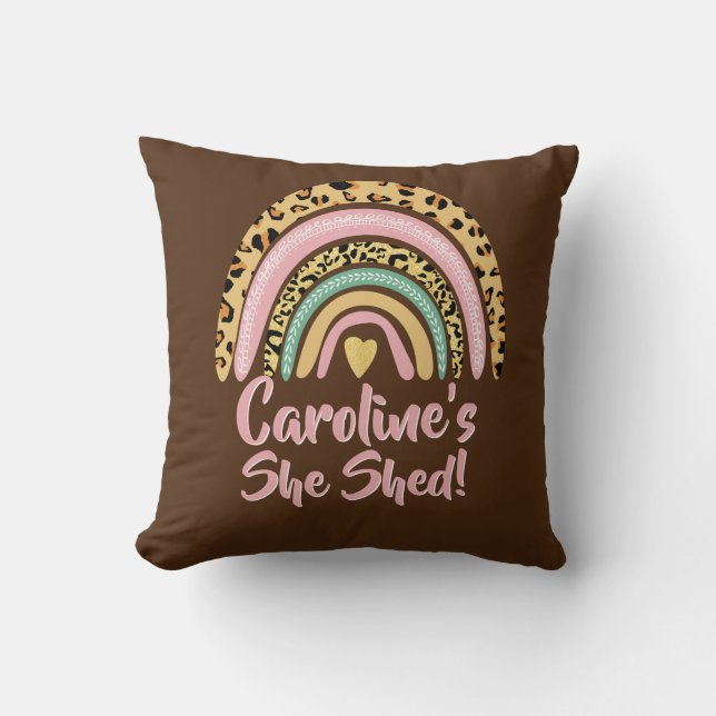 Coussin Add Name She Shed Leopard Print Pink Rainbow Heart (Recto)
