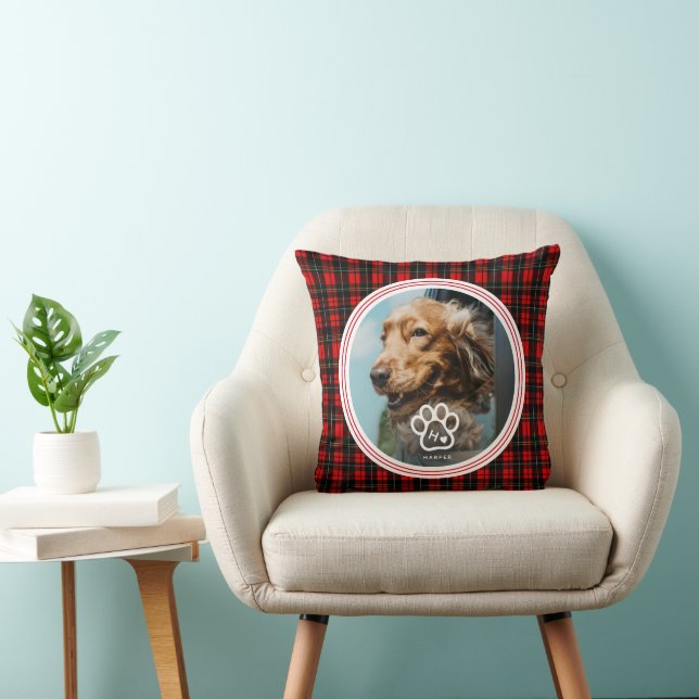 Coussin Add Your Own Dog Pets Photo Monogram Name Tartan (Chaise)
