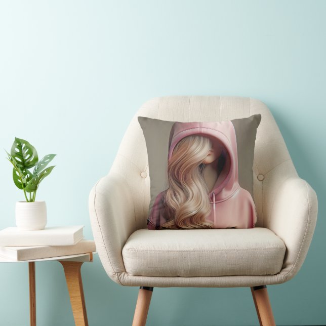 Coussin Adolescente blonde en sweat-shirt rose (Chaise)