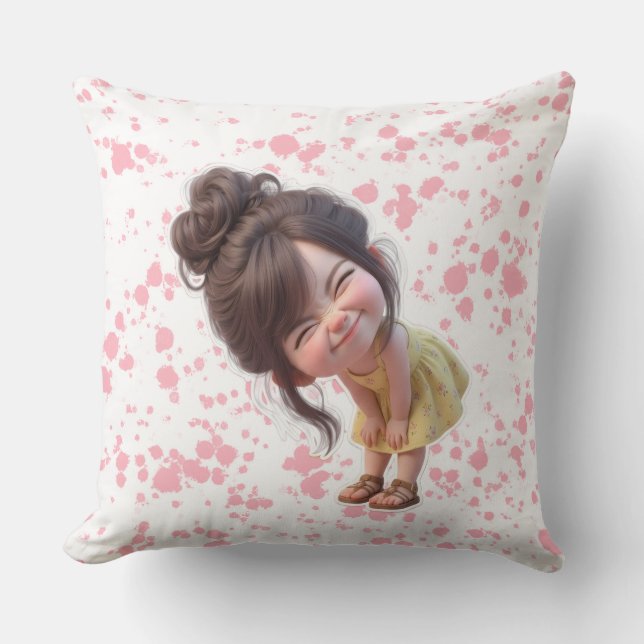 Coussin Adorable Bending Girl in Yellow Dress & Messy Bun  (Recto)