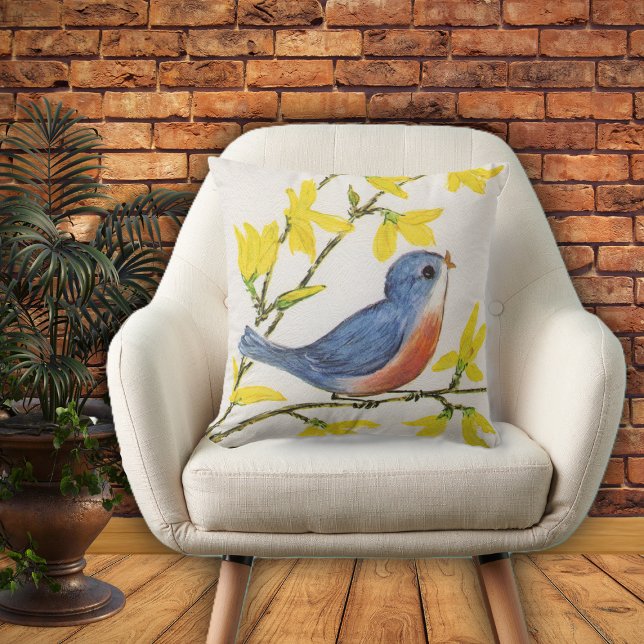 Coussin Adorable Bleu Rouge Chantant Oiseau Fleurs Jaunes (Cute blue red singing bird on branch with yellow flowers on textured look white home decor pillow.)