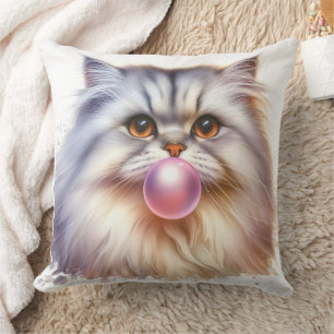Coussin Adorable Chat à cheveux longs soufflant de bulle d