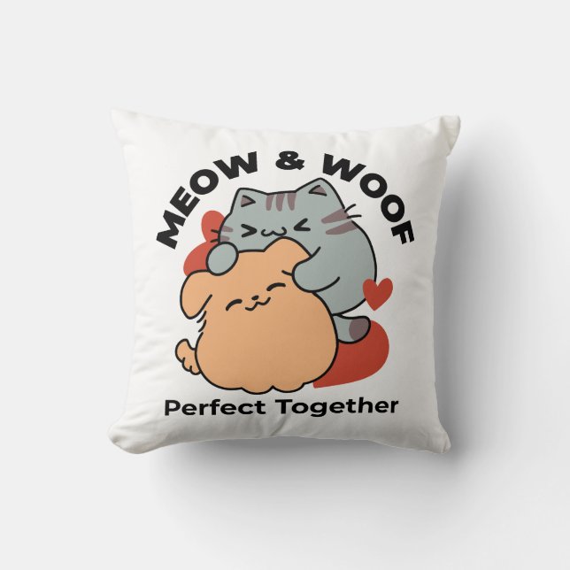 Coussin Adorable chat et chien Hug - Meow & Woof Design (Recto)