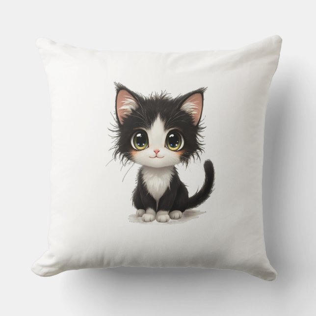 Coussin Adorable chaton chibi avec blanc et noir (Recto)
