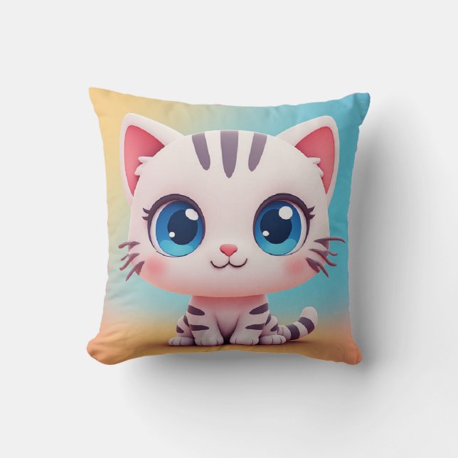 Coussin Adorable Chaton de Dessin Animé Blanc (Recto)