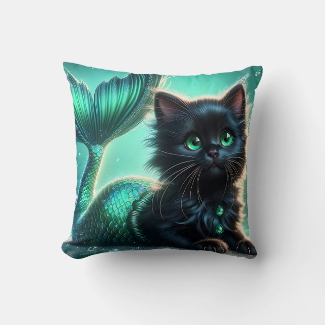 Coussin "Adorable chaton de sirène noire aux yeux verts" (Recto)