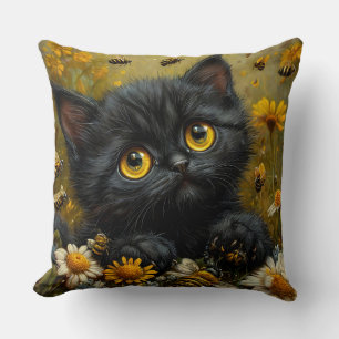 Coussin Adorable Chaton Noir Parmi les Fleurs