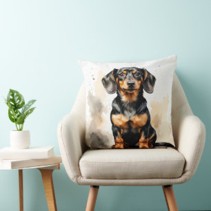 COUSSIN ADORABLE CHIOT DACHSHUND À POILS RAS NOIR ET FEU