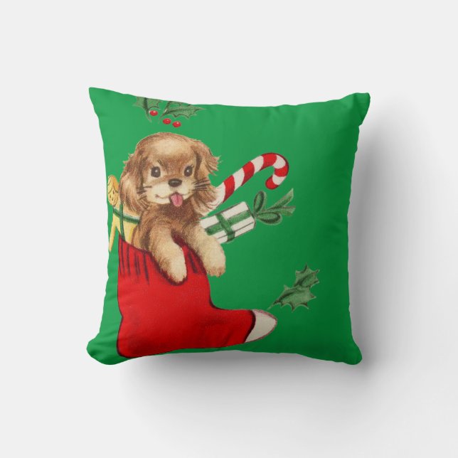 Coussin Adorable Chiot de Noël Rétro (Recto)