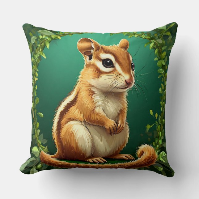 Coussin Adorable Chipmunk Entouré de verdure (Recto)
