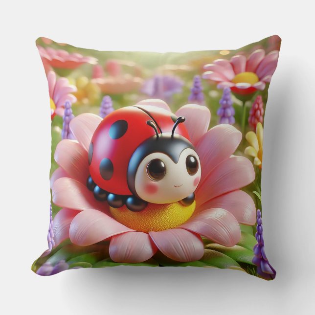 Coussin 🐞🌸 Adorable Coccinelle Fleur Rose Jardin Cozy (Recto)