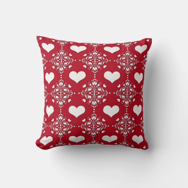 Coussin Adorable Damassé Rouge et Blanc avec des Cœurs (Recto)