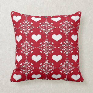 Coussin Adorable Damassé Rouge et Blanc avec des Cœurs