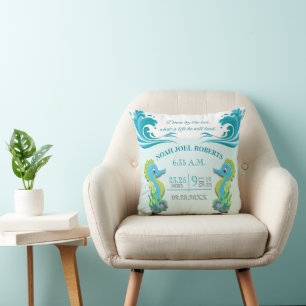 Coussin Adorable Faire-part de naissance de Seahorse (Boy)
