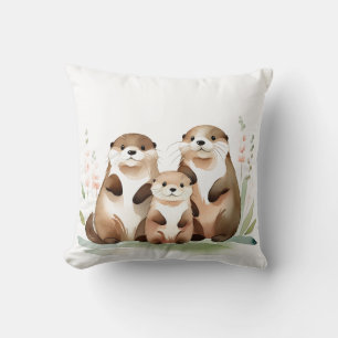 Coussin Adorable Famille De Otter Avec Fleurs