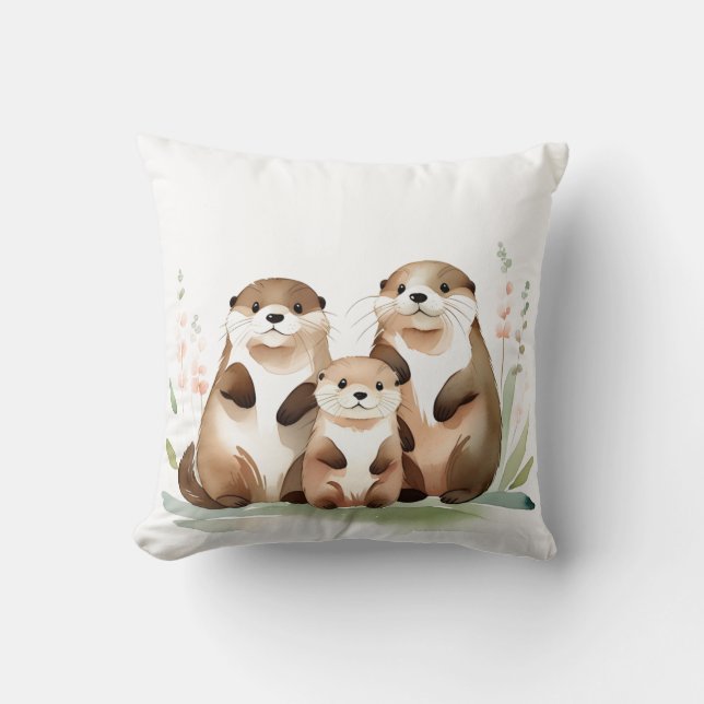 Coussin Adorable Famille De Otter Avec Fleurs (Recto)