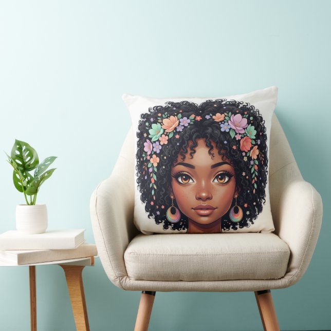 Coussin Adorable Fille Noire Avec Couronne de Fleurs Afro (Chaise)